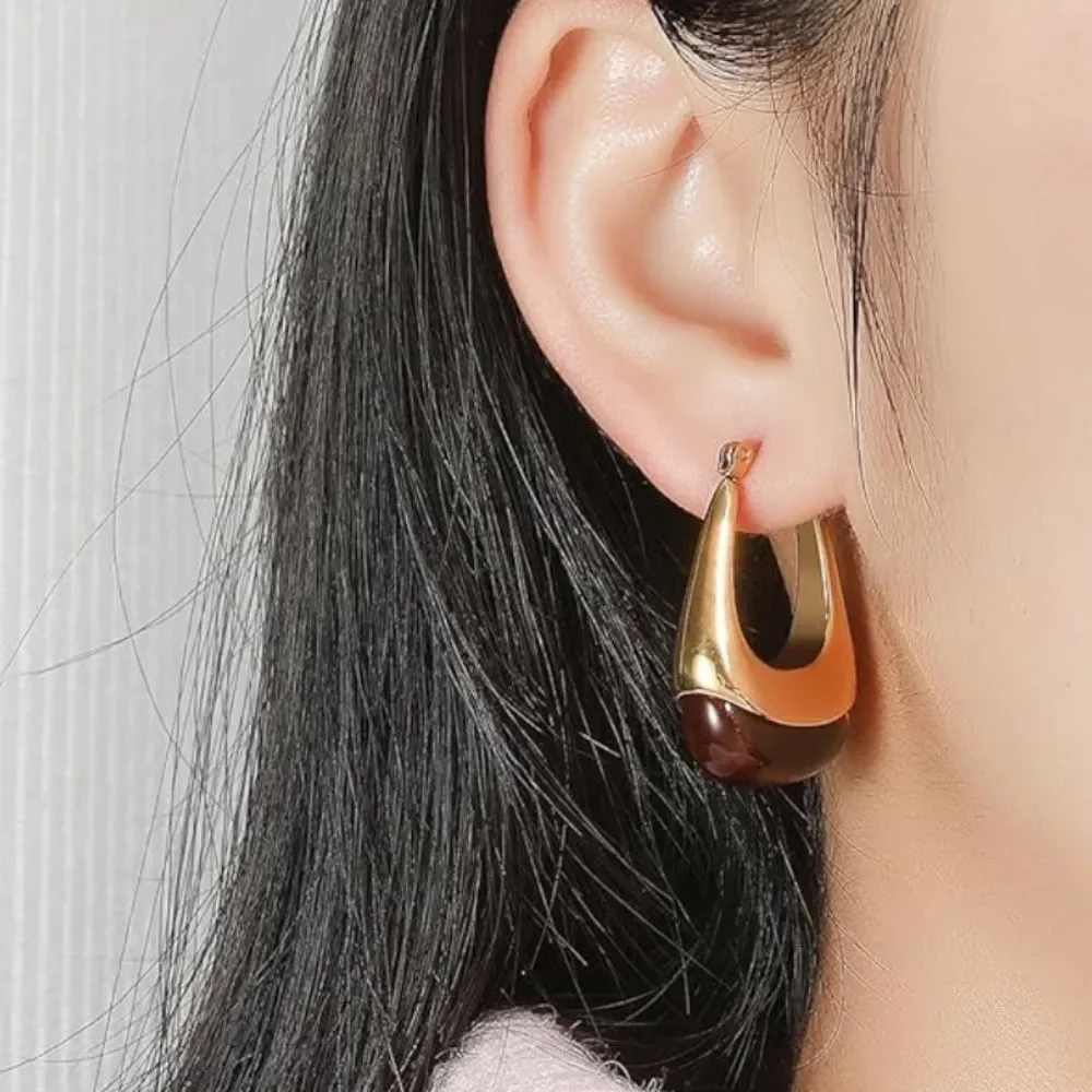 NEW 18K Gold Plated Elegant Gold and Brown Hoop Earrings
